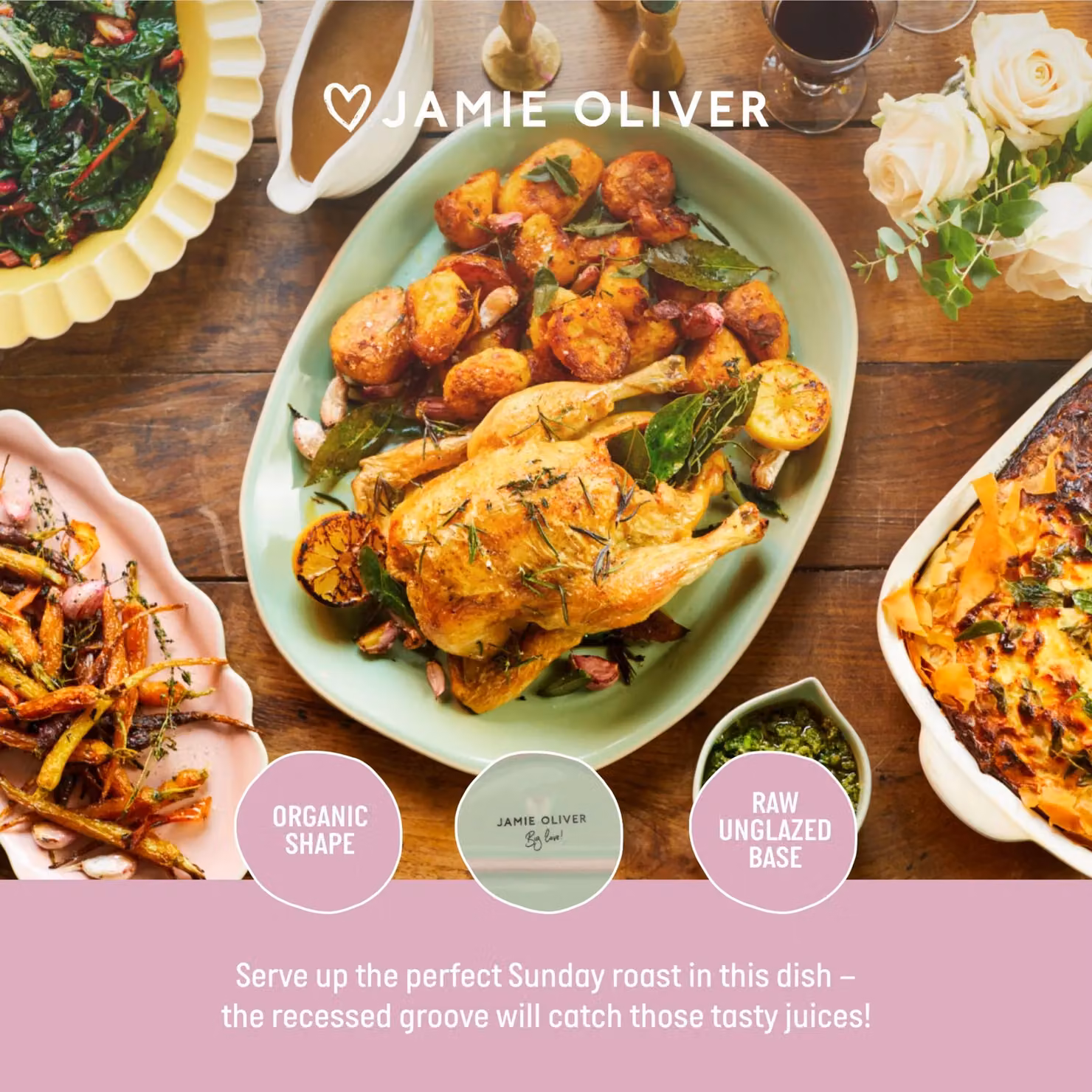 Jamie Oliver Big Love Feast Stoneware Platter, Green, W: 41 cm, D: 33 cm, H: 4 cm – 6