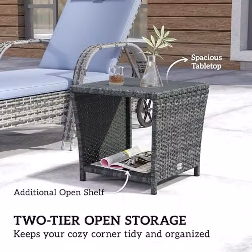 Outsunny 2-Tier Grey PE Rattan Side Table with Storage Shelf – 4