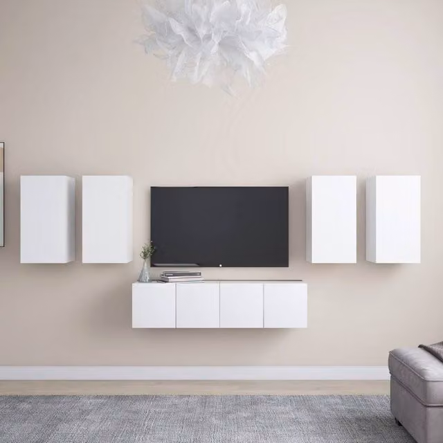 Berkfield Home 6 Piece Glossy White Engineered Wood Wall Mounted TV Cabinet Set – 1