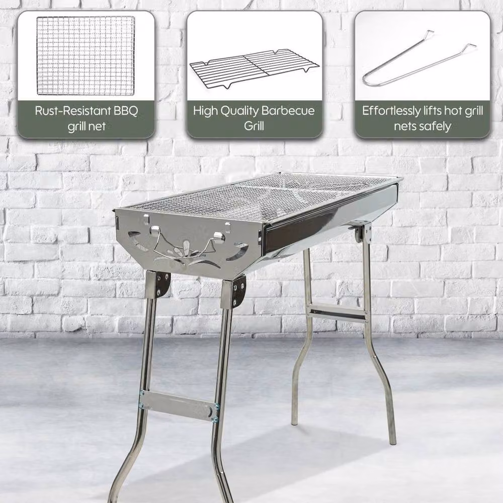 KORVIXA Folding Charcoal Barbecue Grill in Silver, W: 100 cm, H: 72 cm – 2