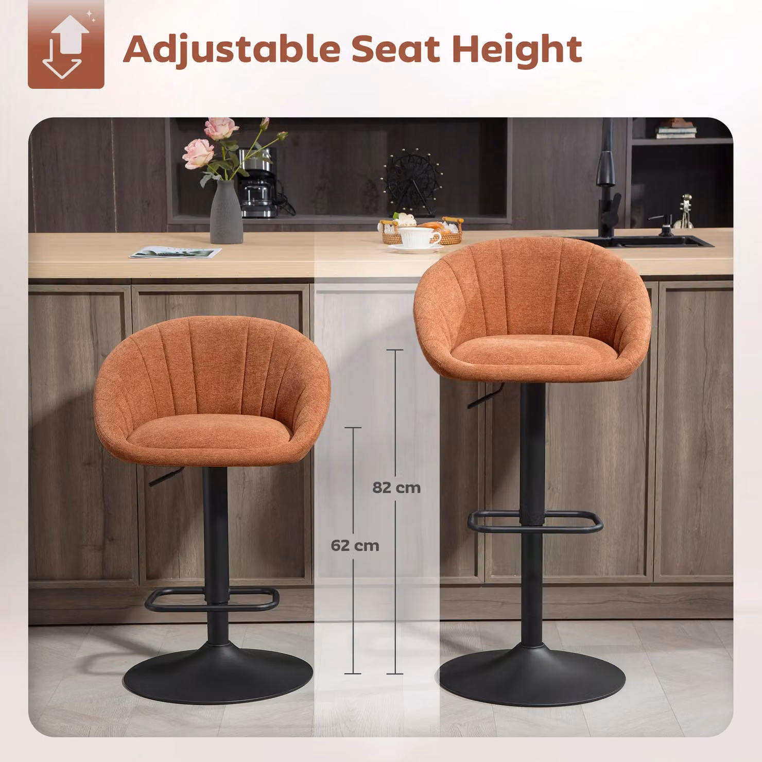 HOMCOM Set of 2 Swivel Bar Stools in Orange with Fabric Upholstery and Metal Base – 3