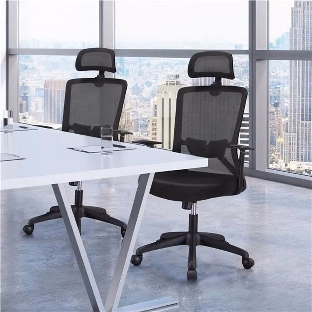 VOGREX Black Ergonomic Fabric Swivel Office Chair with Headrest and Armrests – 5