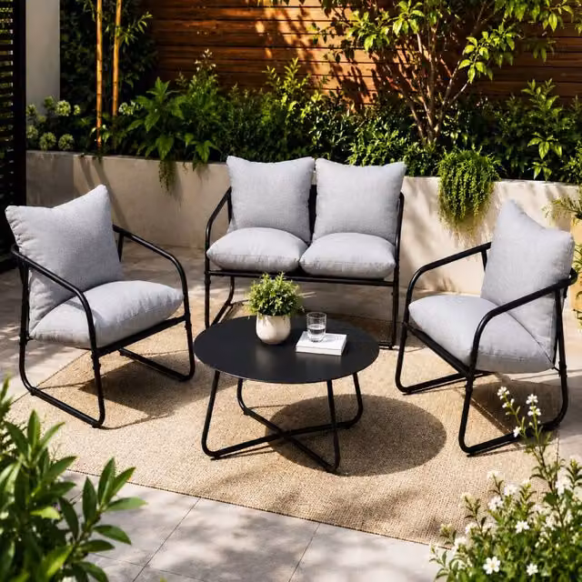 Alivio 4-Piece Outdoor Patio Chair Set with Side Table in Grey and Black, Cushioned Garden Bistro Furniture for Balcony, Terrace or Garden