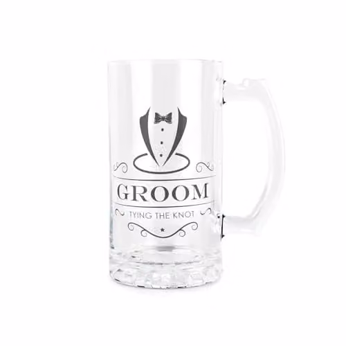 Purely Home Groom Glass Beer Stein Tankard with Handle, 450ml, Black and Transparent