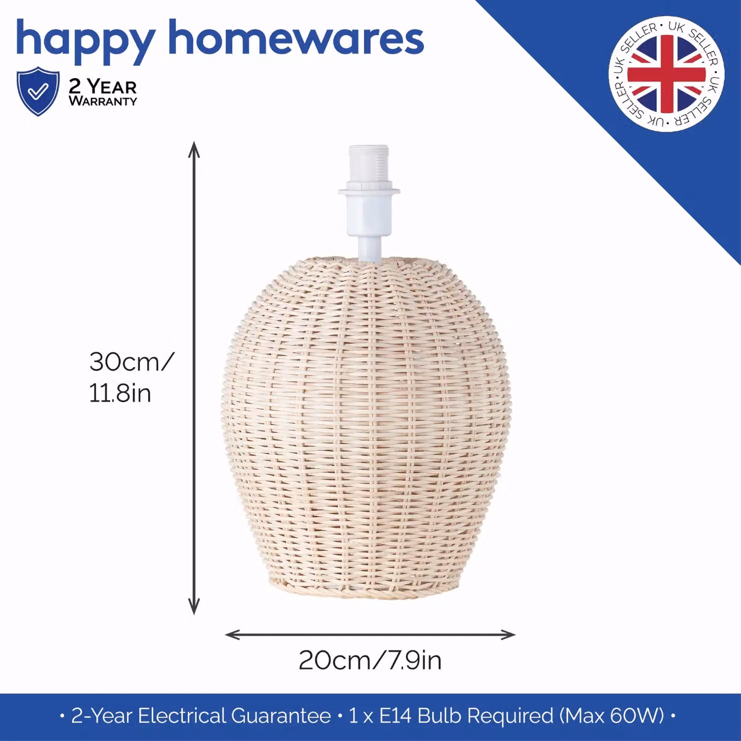 Happy Homewares Natural Light Brown Woven Rattan Table Lamp Base with White Cord and Switch – 2