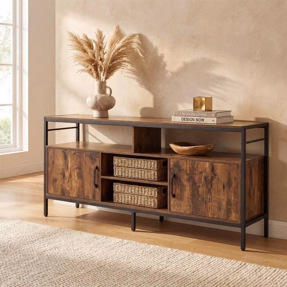FORGEVIO Rustic Wooden Media TV Console Table in Brown – 3