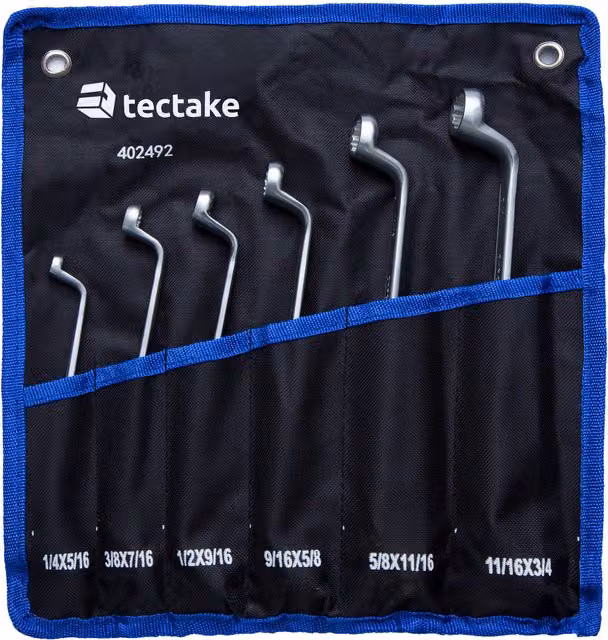 TECTAKE 6 Piece Black Double Ring Cranked Spanner Set with Roll Bag
