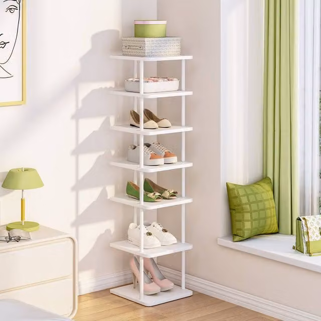 Huhote 7-Tier Narrow Shoe Rack with Metal Frame in White