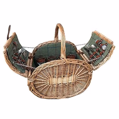 Red Hamper Oval 4 Person Green Tweed Picnic Basket W: 35.0 cm, D: 30.0 cm, H: 35.0 cm – 1