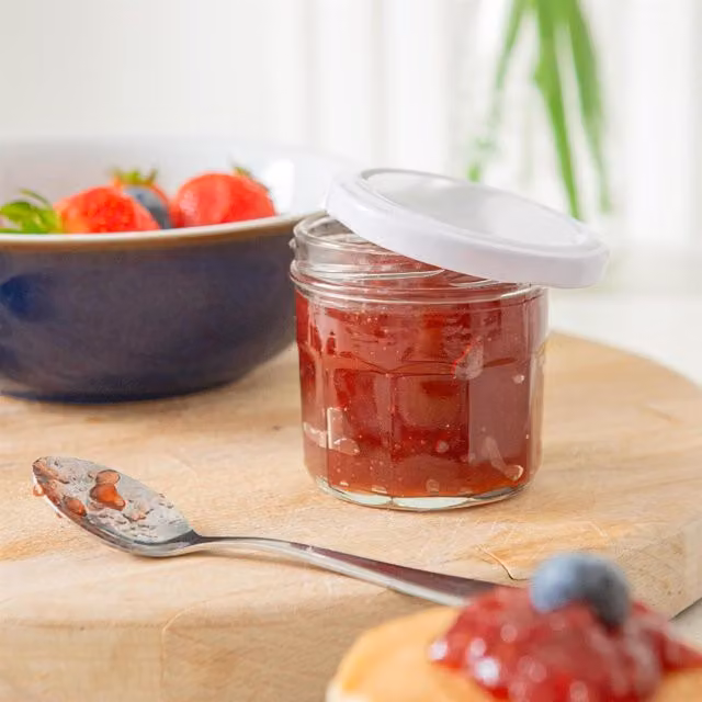 Argon Tableware Set of 12 Transparent Glass Jam Jars with White Screw Lids, 130 ml