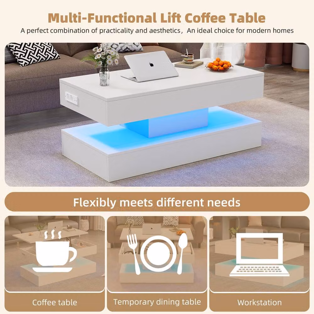 BTM White Modern Lift Top Coffee Table with LED Lighting and Hydraulic Storage – 3