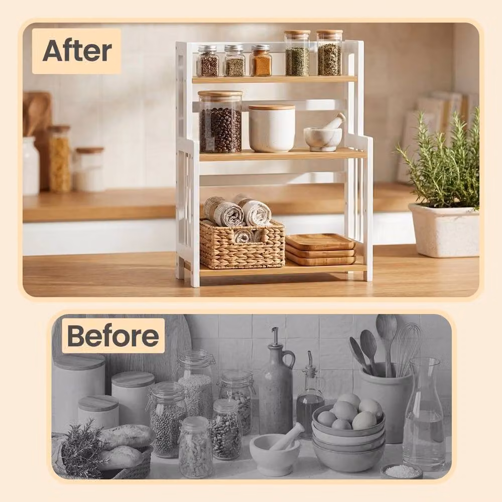 Kelvenix 3-Tier Scandinavian Style Countertop Storage Shelf in White and Brown Wood Finish – 3