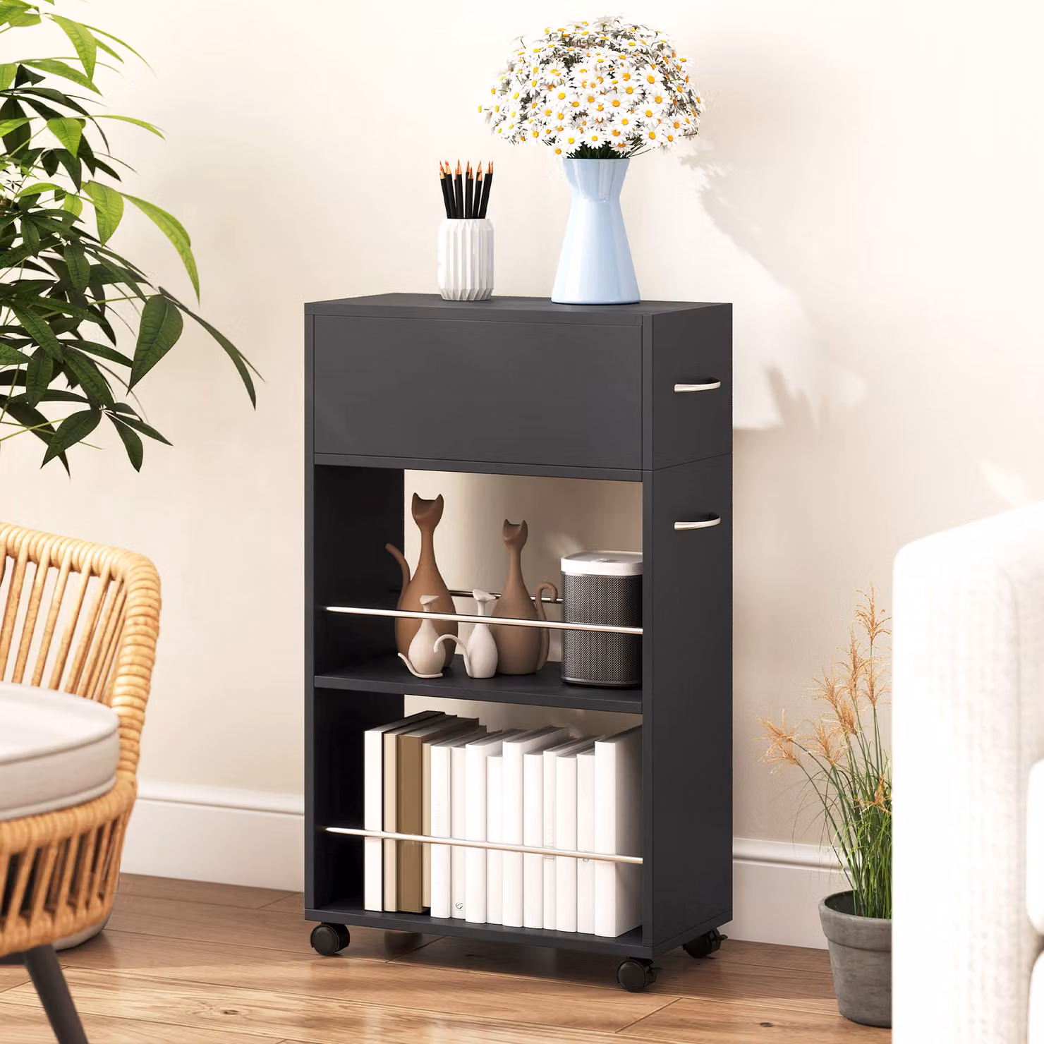 HOMCOM 3-Tier Rolling Kitchen Cart Trolley with Drawer and Surface Top, Black – 7