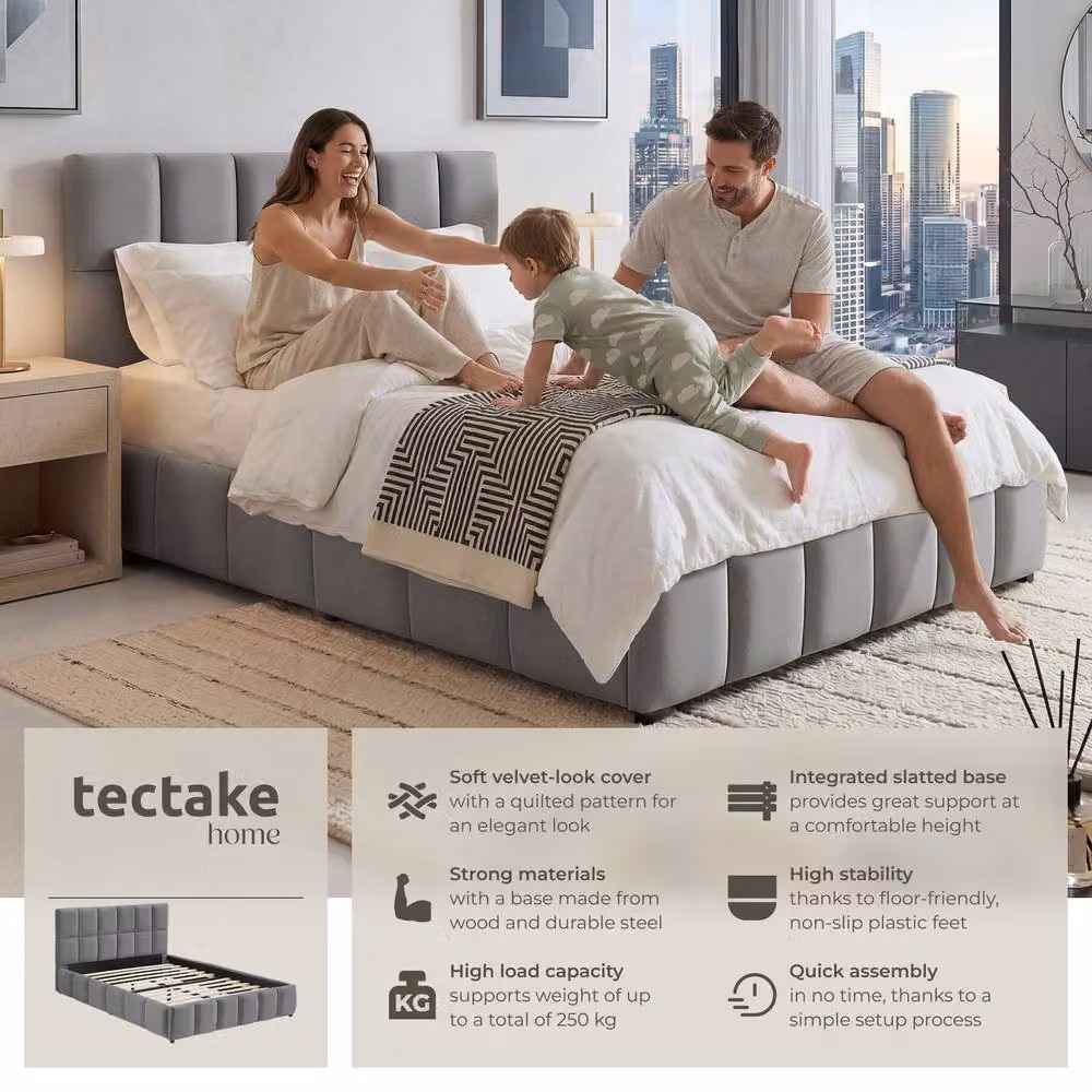 tectake Shirley Upholstered Bed with Slatted Frame and Lift-Up Base, Dark Grey, W/D/H: 140 x 200 cm – 2