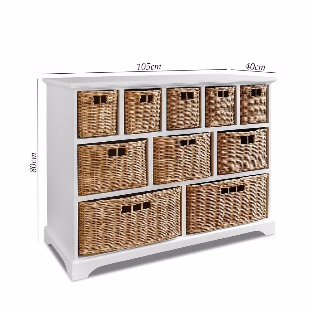 Statement Furniture Tetbury 10 Drawer Storage Unit with Wicker Baskets in White and Grey – 2
