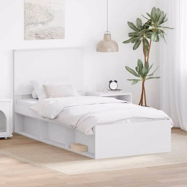Berkfield Home White Solid Pine Wood Bed Frame with Headboard W/D/H: 90 x 190 cm