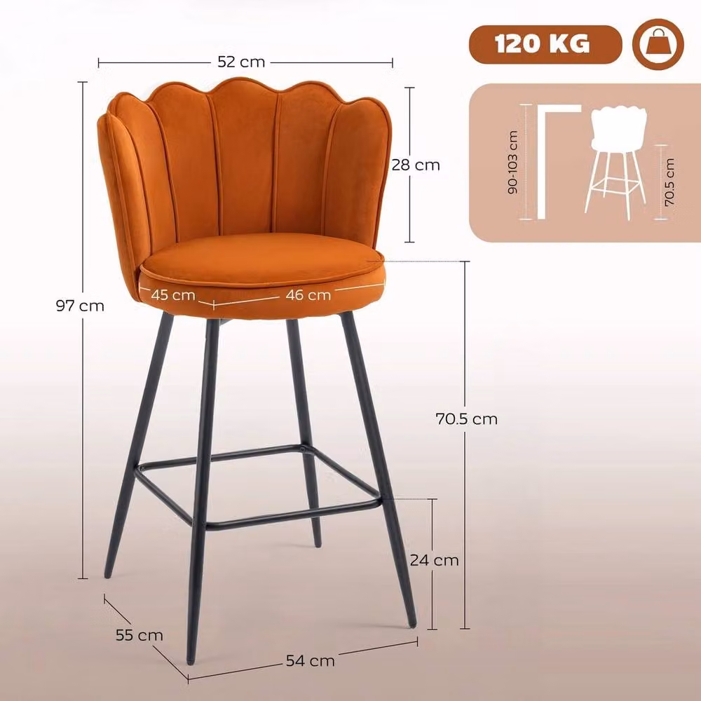 VOGREX Set of 2 Orange Petal Back Velvet Kitchen Bar Stools with Metal Upholstered Frame – 2