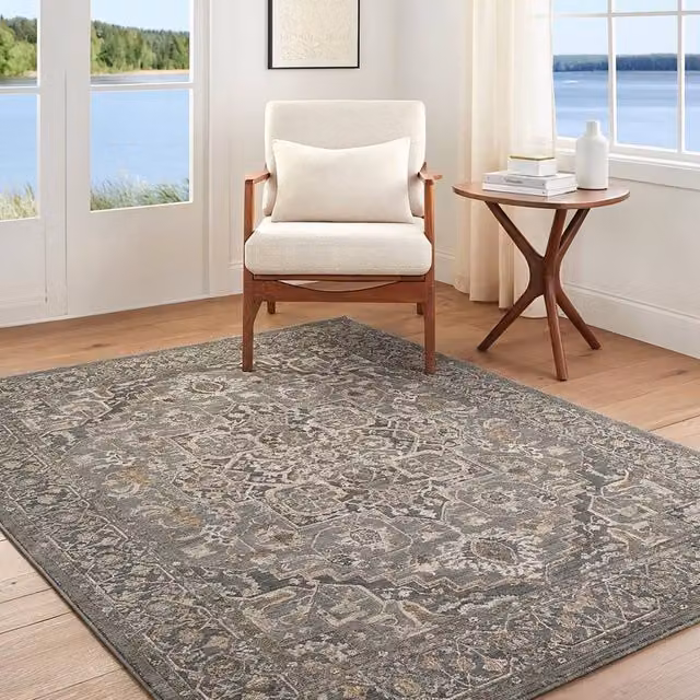 Livabliss Arda Vintage Boho Fringe Living Room Rug in Blue, Grey and Brown, W: 200 cm, D: 290 cm