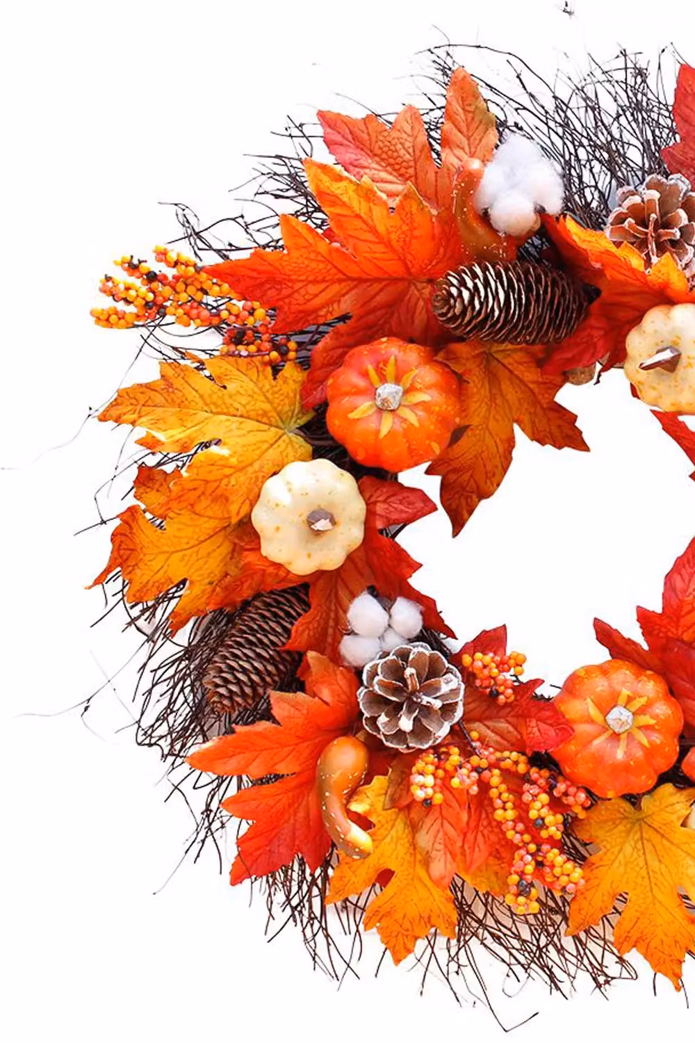 Living and Home Orange Pre-Lit Autumn Wreath with Pumpkin, Maple Leaves, Cotton and Pine Cones, Diameter: 55 cm – 4