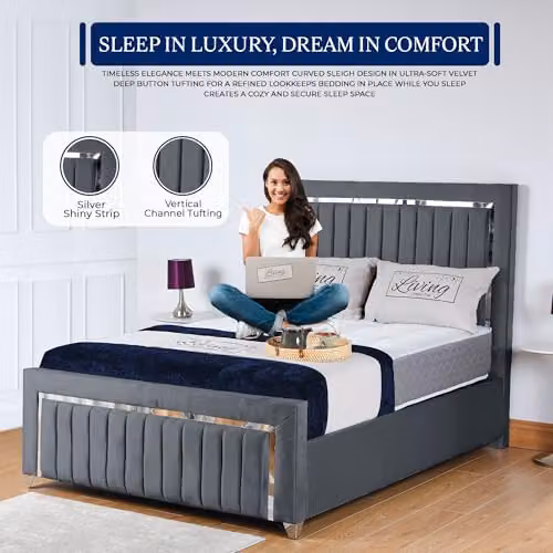 Living Comfort Bedz Zurich Plush Velvet Gas Lift Storage Bed in Steel Grey with Silver Trim and Vertical Lined Headboard and Footboard, 5FT King Size – 2