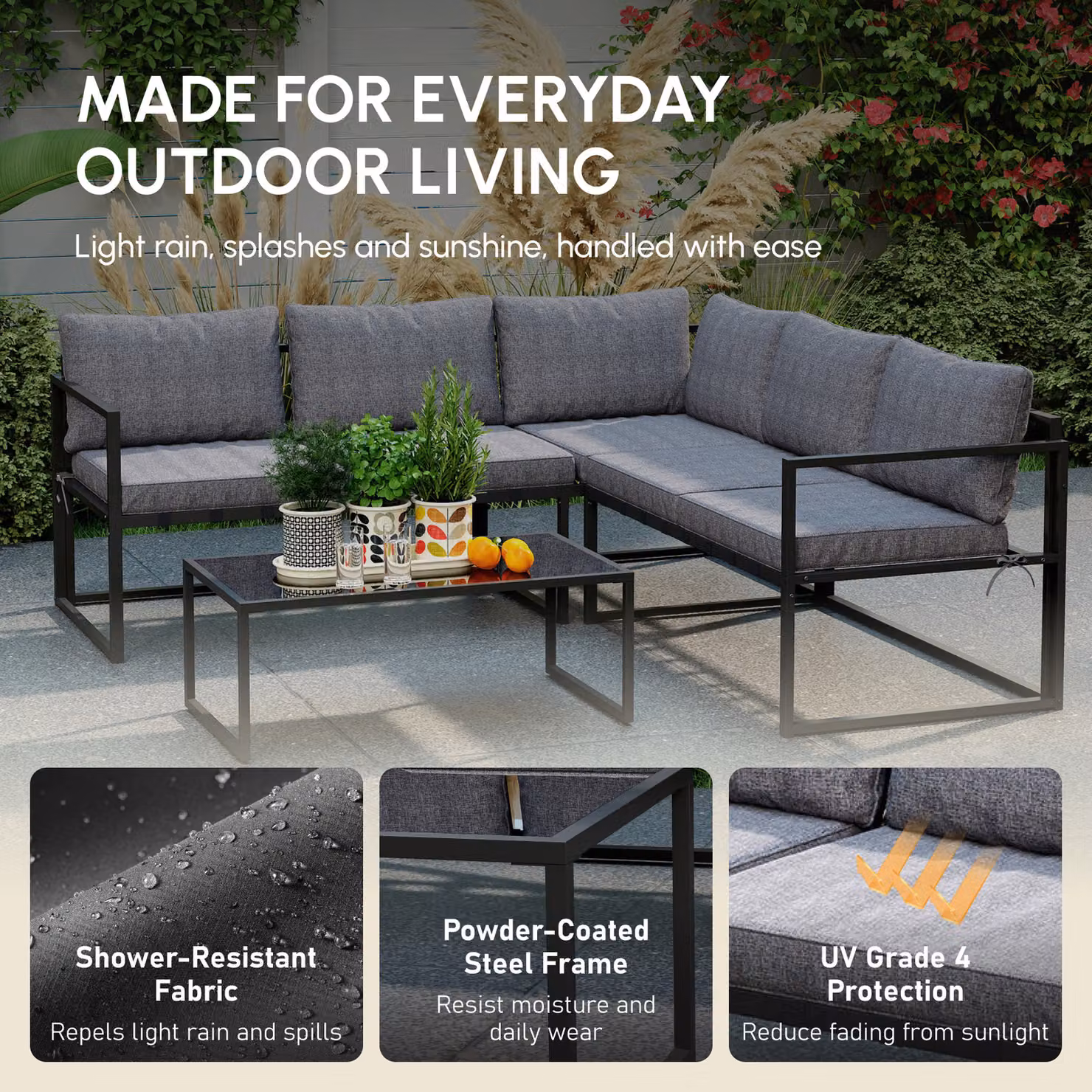 Outsunny L-Shaped Garden Corner Sofa Set with Tempered Glass Coffee Table and UV-Resistant Upholstered Cushions, Grey – 5