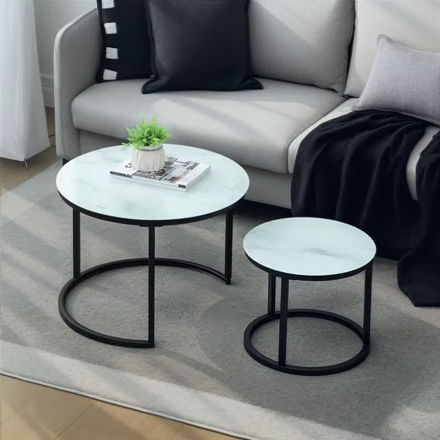 HOMCOM Set of 2 Round White Glass Nest of Tables with Sled Base