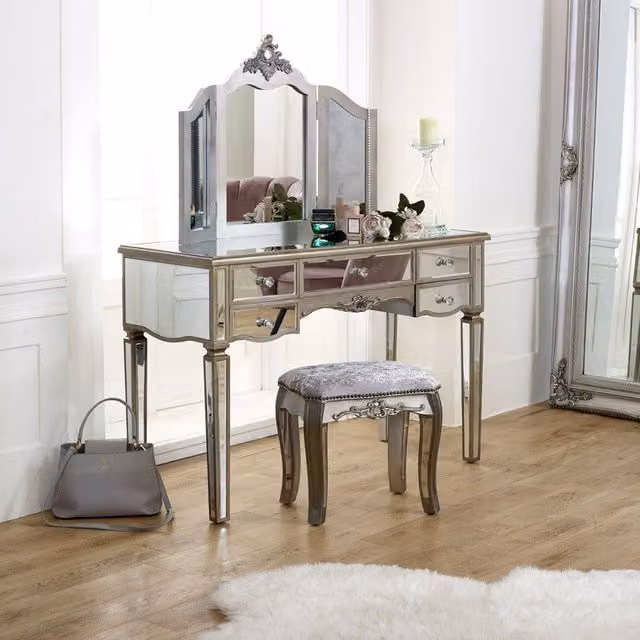Melody Maison Tiffany Range Large Mirrored Dressing Table, Mirror and Stool Set in Metallic Silver