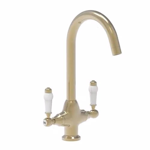 Nes Home Traditional Twin Lever Kitchen Mixer Tap in Brushed Brass – 2