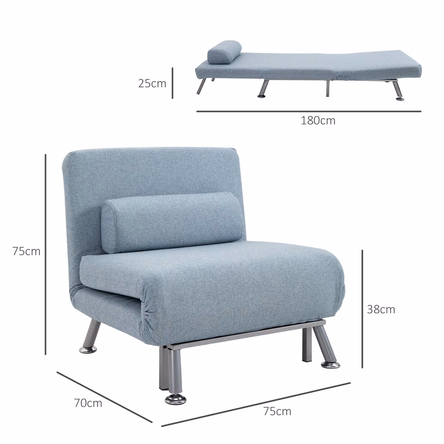 HOMCOM Foldable Single Sofa Bed Chair in Blue with Microfibre Fabric and Metal Frame – 3