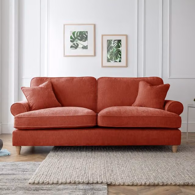 The Great Sofa Company Ezra 3 Seater Textured Velvet Sofa in Terracotta with Scroll Arms