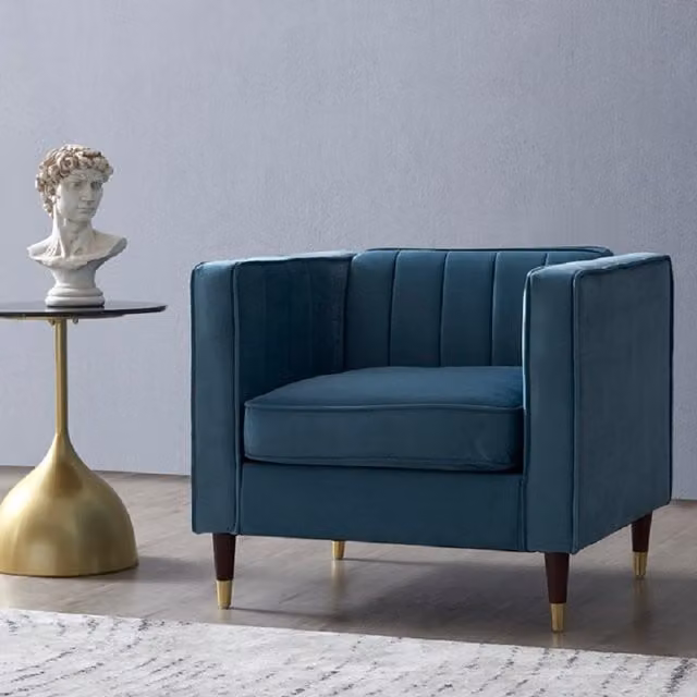 Thom Blue Velvet 1 Seater Fabric Sofa Chair with Metal Tipped Legs