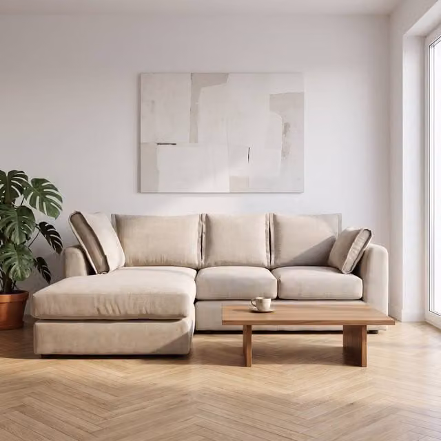 Abakus Direct Sydney Relaxed Linen Left Facing Corner Sofa with Plush Chaise in Light Sand