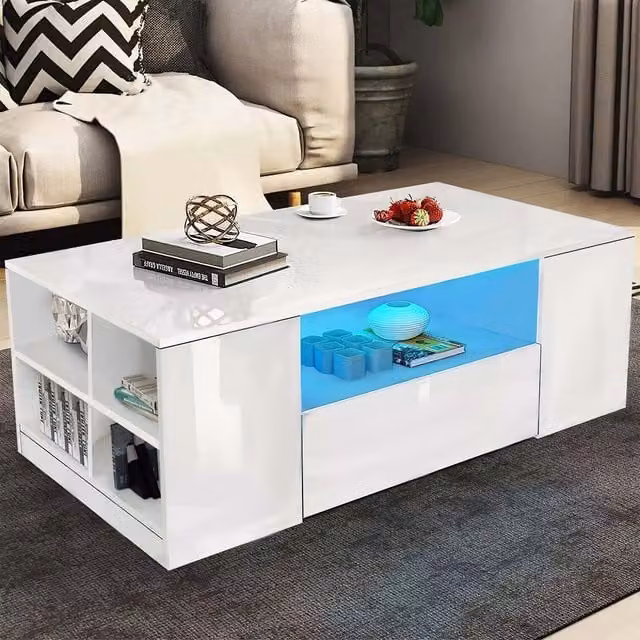 Comfy Living Modern 2 Drawer LED Coffee Table in High Gloss White