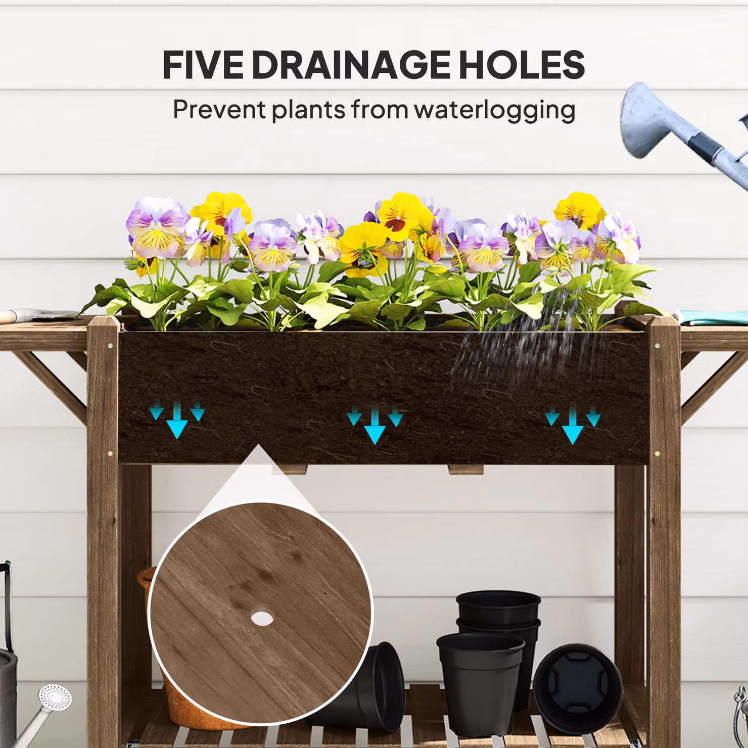 Outsunny Brown Carbonised Wooden Raised Garden Bed with Lockable Wheels, Side Tables and Bottom Shelf, W/D/H: 145 x 86 x 46 cm – 7