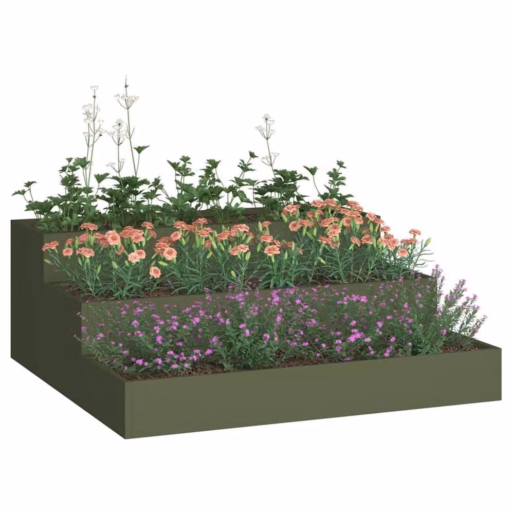 Berkfield Home 3-Tier Steel Garden Planter in Green, W/D/H: 90 x 90 x 35 cm – 3