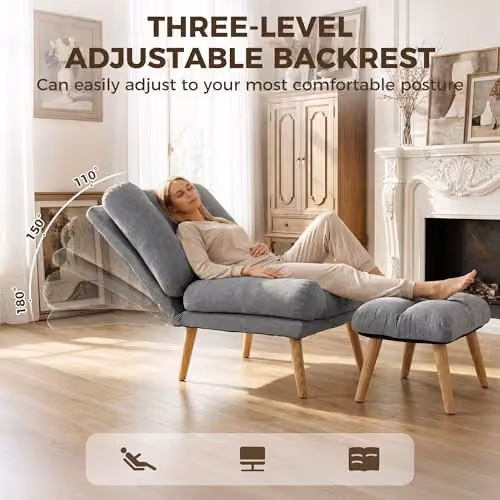 HOMCOM Grey Fabric Recliner Chair with Matching Ottoman and Wooden Legs – 4