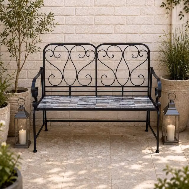 Shatchi Oasis Mosaic 2 Seater Garden Bench with Black Metal Frame and Geometric Ceramic Tile Seat