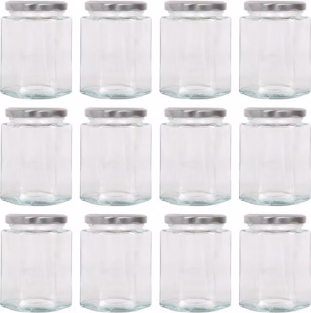 Argon Tableware Hexagonal Glass Jam Jars with Silver Screw-Top Metal Lids, 250ml, Pack of 12