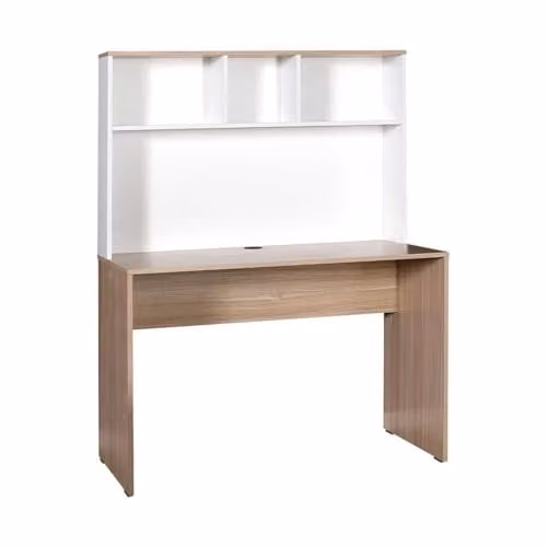 FWStyle Two-Tone Home Office Writing Desk with Storage Hutch, Oak and Matt White, W/D/H: 110 x 52 x 149 cm