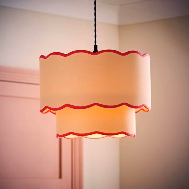 ValueLights Sloane 35cm Two-Tier Scallop Edge Colour Clash Fabric Ceiling Lamp Shade in Pink, Green and Grey