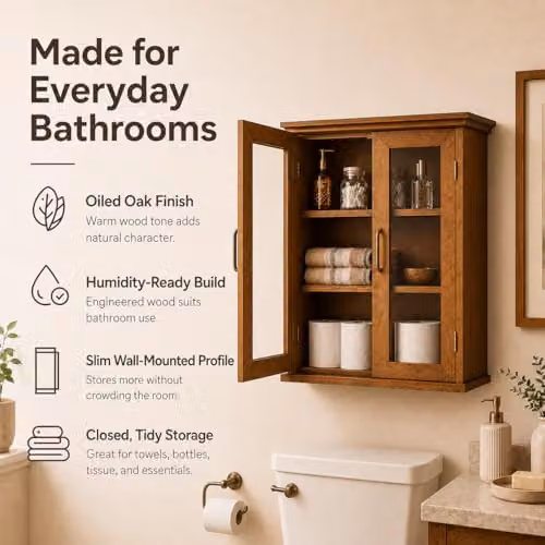 Teamson Home Avery Two-Door Wall Mounted Bathroom Cabinet in Oiled Oak with Glass Doors, W/D/H: 60.96 x 21.59 x 52.06 cm – 4