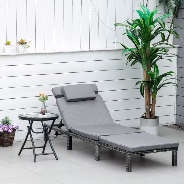 Outsunny Grey Polyrattan Outdoor Recliner Sun Lounger with UV-Resistant Polyester Fabric