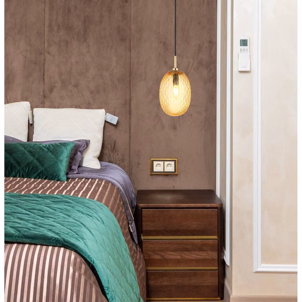 Netlighting Devin Globe Pendant Light with Gold/Brass Metal and Amber Glass Shade, E14, Height Adjustable – 3