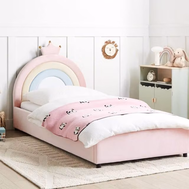 Wyld and Coco Pink Velvet Single Bed with Storage and Crown Headboard, W/D/H: 90 x 190 x 106 cm – 1