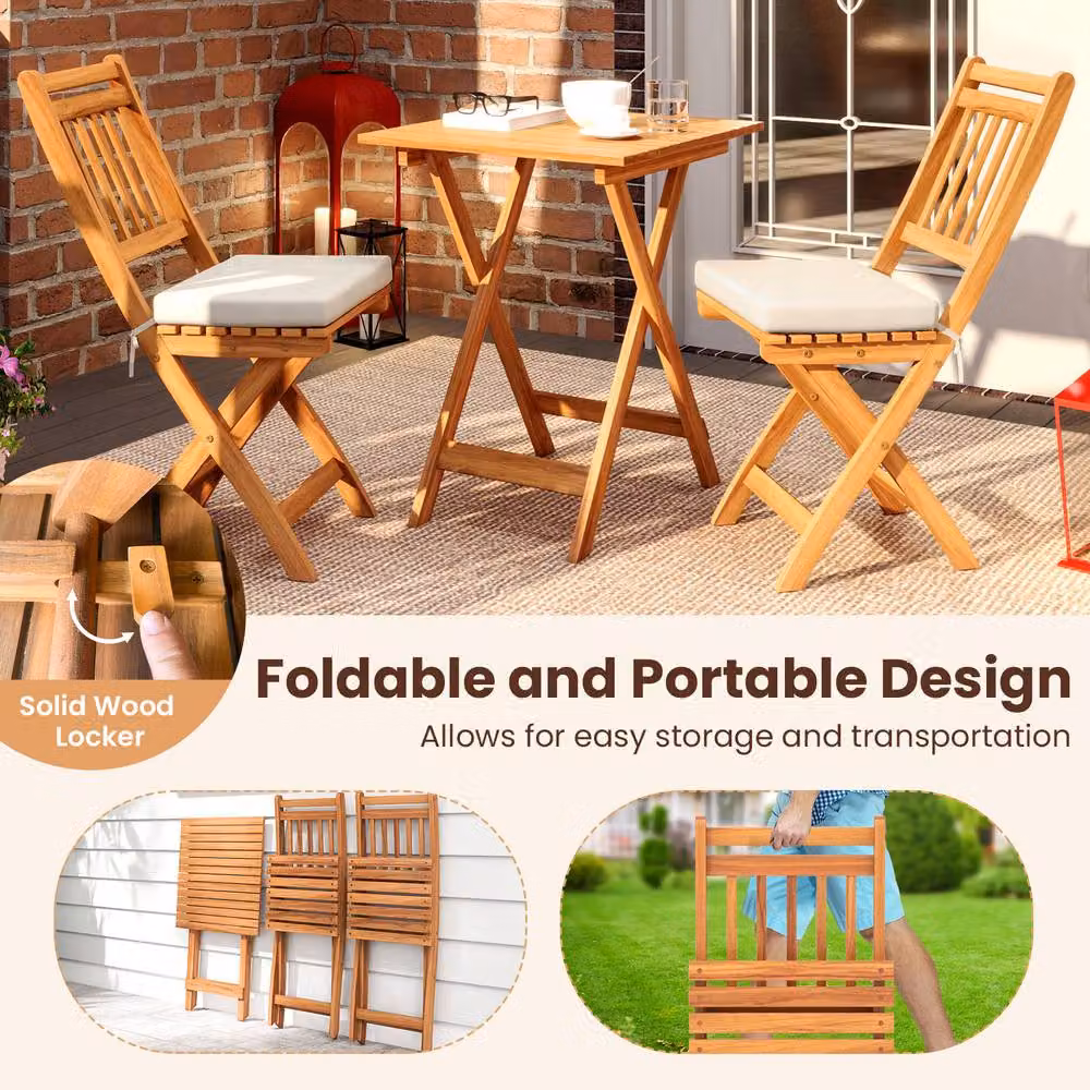 Costway Acacia Wood Folding Bistro Set with White Cushions for Garden, Terrace or Balcony – 5
