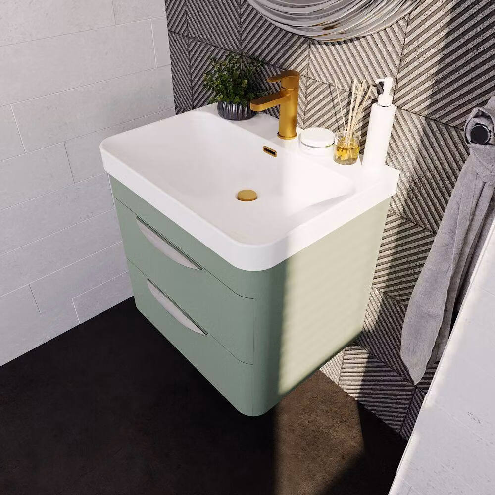 Balterley Wave 600mm Wall Hung 2 Drawer and Thin-Edge Ceramic Basin in Satin Green – 3