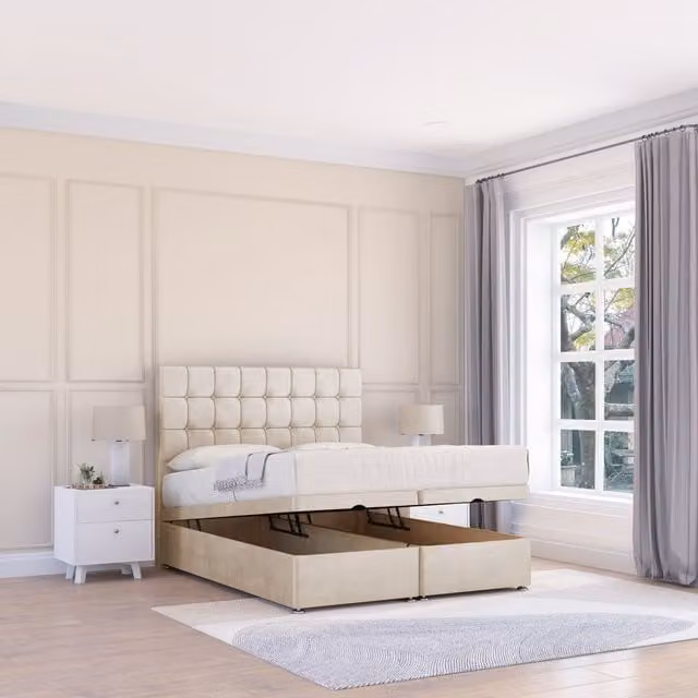 Sloomy Alabama Small Single Ottoman Bed with 26 Inch Headboard and Hybrid Memory Mattress in Beige