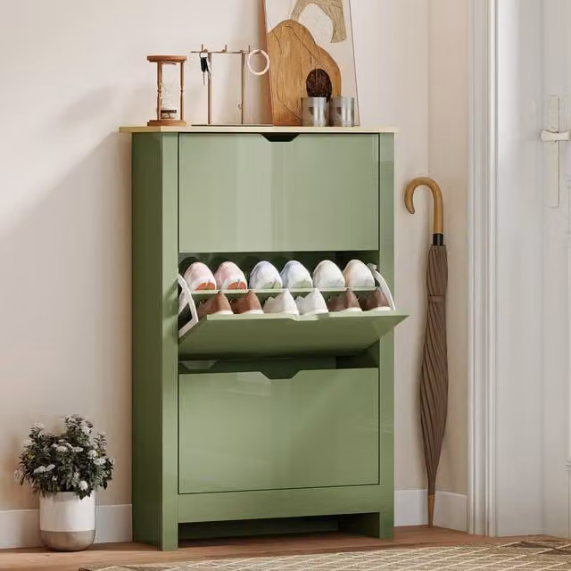 HOMCOM 16-Shoe Storage Cabinet with 4 Shelves and 4 Drawers, White and Green