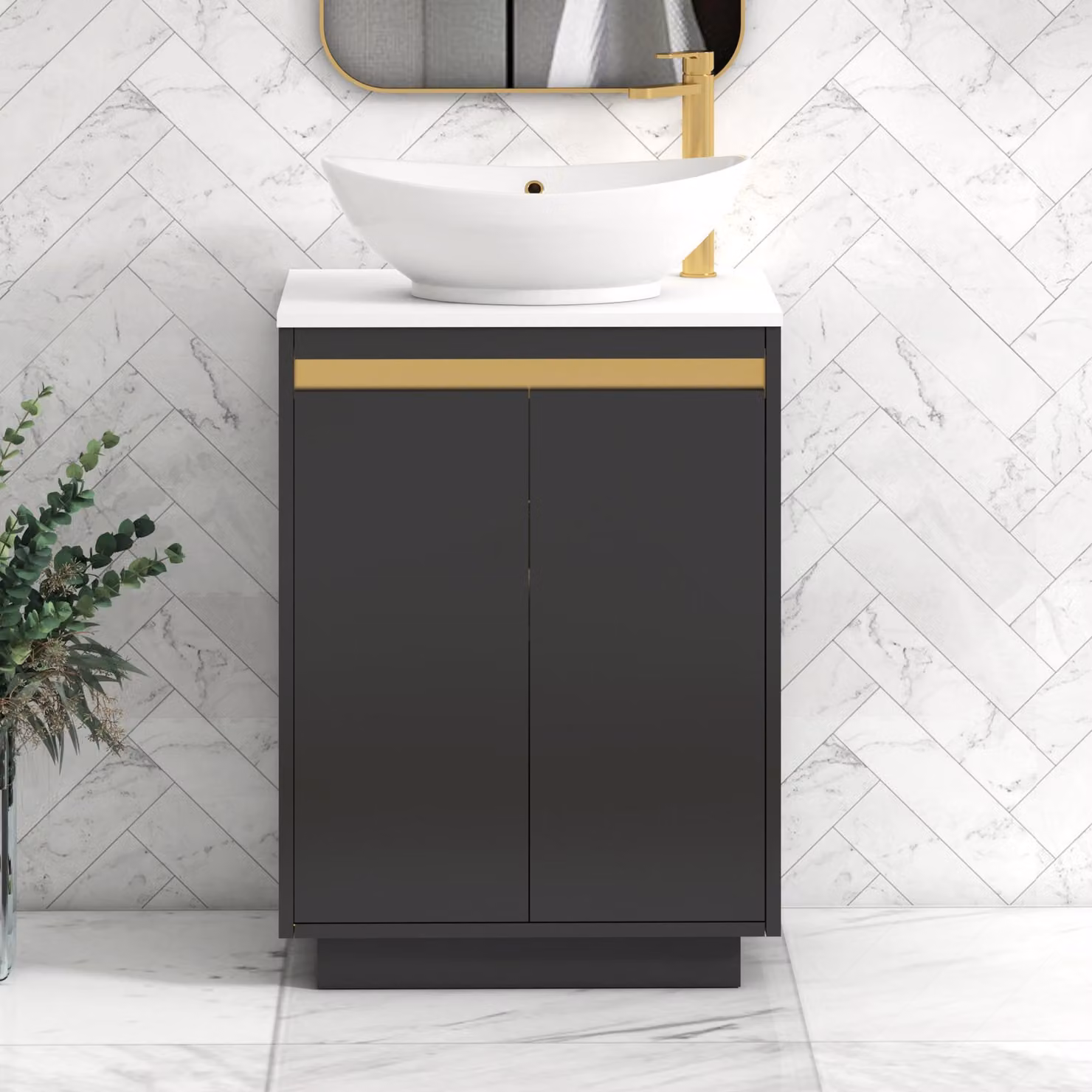 Royal Bathrooms Orion 600mm Matt Obsidian Black and Plain White Floor Standing 2 Door Vanity Unit with Amaze Basin and Brushed Brass Accent Trim