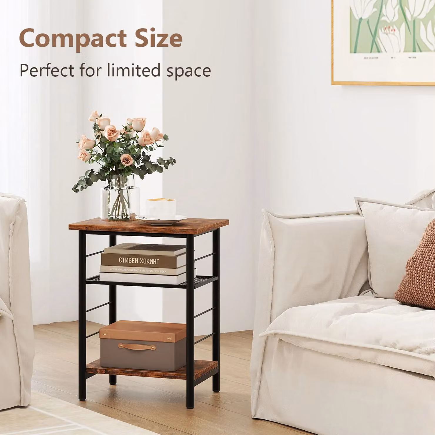 Costway Set of 2 Industrial Height Adjustable 3-Tier Side Tables in Brown – 3